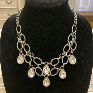 Silver Tone Large Rhinestone Bib Collar Pendant Statement Necklace